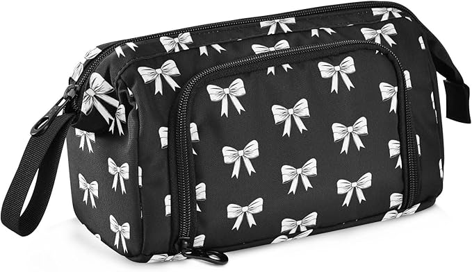 Ribbon Bow Black Pencil Case Pouch Big Capacity Pencil Bag Box Organizer Pen Case with Zipper Pencil Boxes for Girls Boys Women School College Office