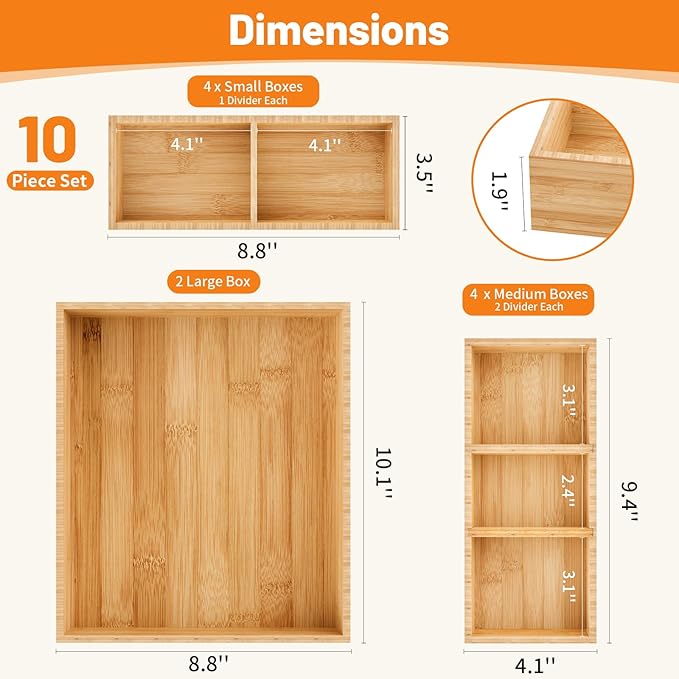 SpaceWhisper Bamboo Drawer Organizer, 10-Piece Drawer Divider with Removable Dividers for Organization and Storage, Multi-Use Stackable Storage Box & Utensil Holder for Kitchen, Office, Makeup & More