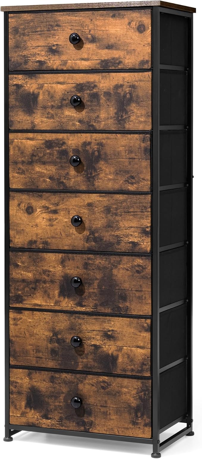 Crestlive Products Tall Dresser, 7-Drawer Fabric Storage Tower, Chests of Drawers - Vertical Organizer Unit for Bedroom, Hallway, Entryway, Nursery, Closets -Wood Top & Handles (Rustic Brown)