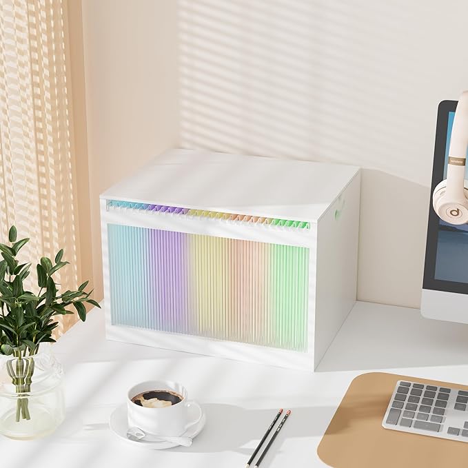 White Bamboo Acrylic File Box with Hanging Folders, Letter/Legal Size, Dustproof, Home Office File Organizer