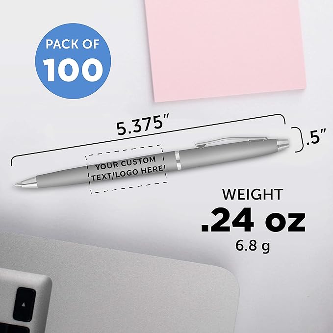 DISCOUNT PROMOS Custom Langham Ballpoint Pens Set of 100, Personalized Bulk Pack - Black Ink, Great for Office, School, Business, Tradeshows - Silver