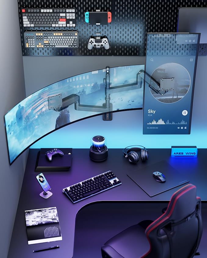 ARES WING Dual Monitor Wall Mount for 24-57 Inch Ultrawide Screens, Premium Heavy Duty Monitor Arm Holds 60 lbs, Full Motion Gas Spring, Bearing Head for Easy Adjustment, 75/100 VESA Mount, Black