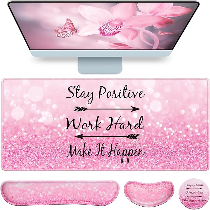 Mousepad Pink, Mouse Pad with Wrist Rest, 4-in-1 Large Mousepad+Keyboard Wrist Rest+Mouse Pad Wrist Support+Cup Pad Set,Ergonomic Mouse Pad,Anti-Slip,Memory Foam Desk Mat for Women Office Gaming