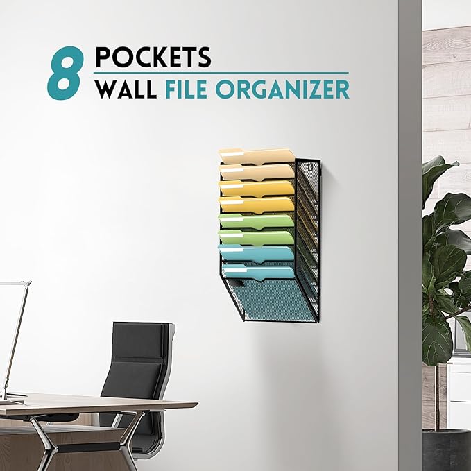 SUPEASY 8-Tier Wall File Organizer Mesh Office Mail Holder, Hanging Wall Organizer Magazine Rack for Office Black