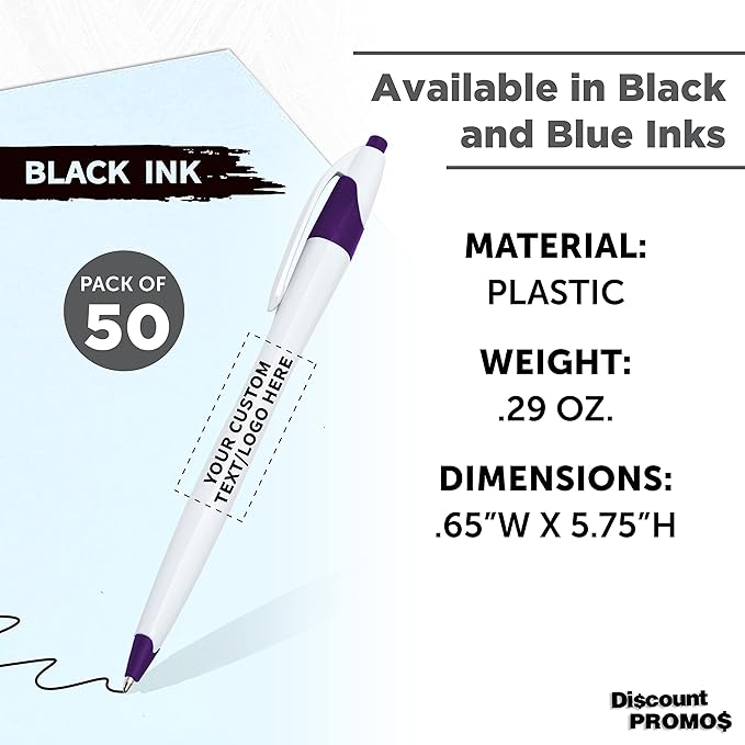 DISCOUNT PROMOS Custom Slim Curvy Ballpoint Pens Set of 50, Personalized Bulk Pack - Black Ink, Retractable, Great for Office, School, Tradeshows - Purple