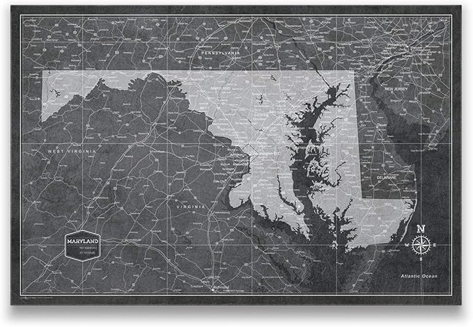 Conquest Maps Push Pin Maryland Map Board - With Push Pins to Mark Maryland Travels - Handmade in Ohio, USA - Design: Modern Slate