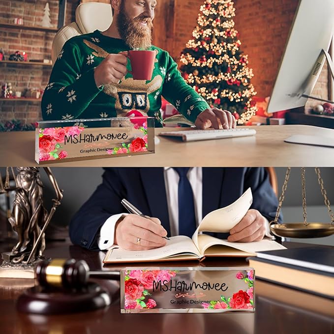 Personalized Office Desk Name Plate - Custom Acrylic Decor Accessories, Gift for Women (Pink Rose) 731