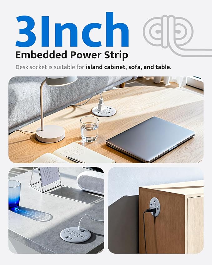3 inch Recessed Power Grommet with AC Outlets, 20W USB C Fast Charging Conference Recessed Outlet, 40W Total, Flush Mount for Desk,Office Tables,Furniture, 4 USB Ports, White