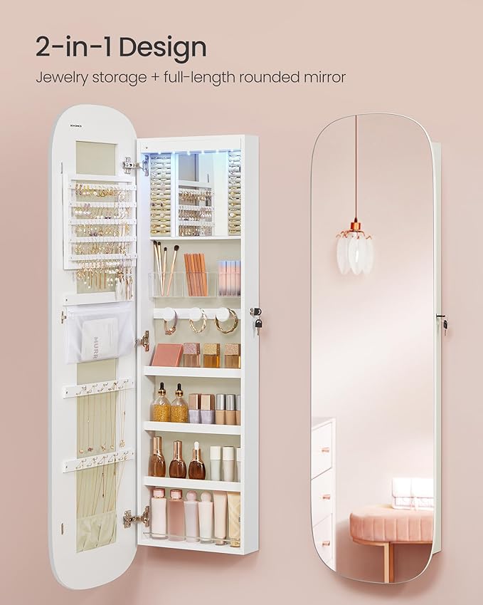 SONGMICS Jewelry Organizer, LED Jewelry Cabinet Wall/Door Mounted, Lockable Rounded Wide Mirror with Storage, Interior Mirror, 3.9 x 16.5 x 55 Inches, White Surface with Greige Lining