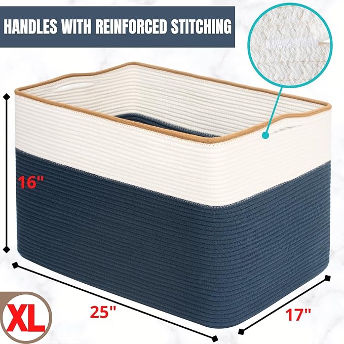 MINTWOOD Design 112L Extra Large Blanket Basket Holder Living Room, 25"x17"x16" Rectangle Rope Woven Storage Basket with Handles for Laundry, Towels, Shoes, Dog Toy Organizer Bin Box, Prussian Blue