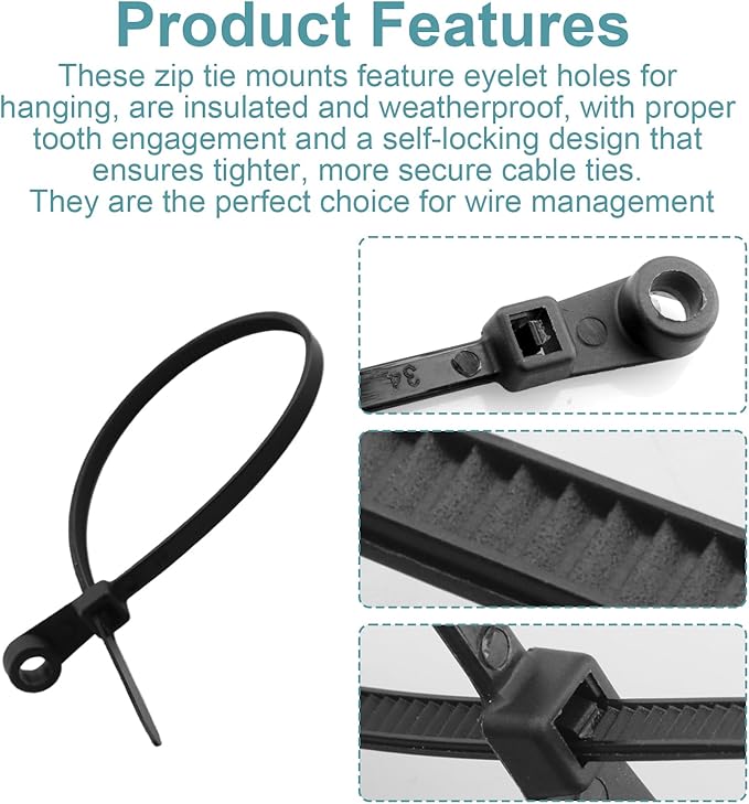 Plastic Cable Ties with Screw Holes, 7.5-inch 50lb Load Capacity Mounting Head, Black Mounting Cable Ties (200-Pack)