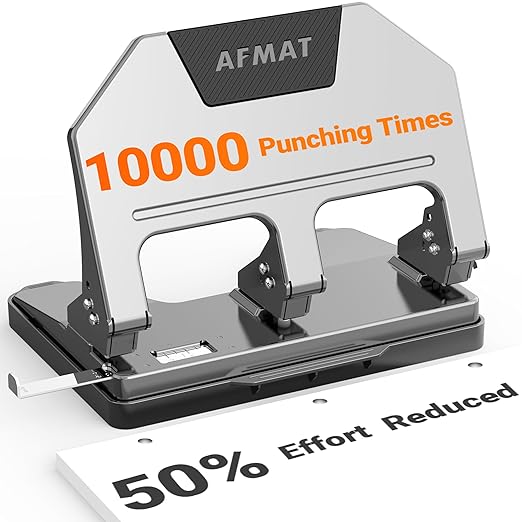 AFMAT 3 Hole Punch, 9/32" Hole Diameter, 40-Sheet 3 Hole Puncher for Binder, 50% Reduced Effort, Metal Heavy Duty Hole Puncher w/ 10,000+ Uses, Bulit-in S.S. Paper Guide, Large Chip Tray, Gray, HPX3