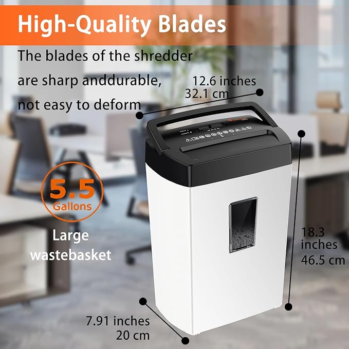 Bonsaii 12-Sheet Cross-Cut Paper Shredder, P-4 Security, Credit Card & Document Shredder for Home/Office, 5-Min Run with Overheat Protection, Compact Handle, 5.5-Gal Bin, Black/White
