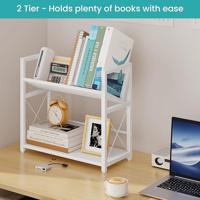 ELITEROO Desktop Bookshelf Organizer, 2 Tier Wood Desk Shelf for Tabletop Storage, Small Book Rack for Office, Home, or Study, Mini Bookcase for Book Display, Decor, and Supplies, White