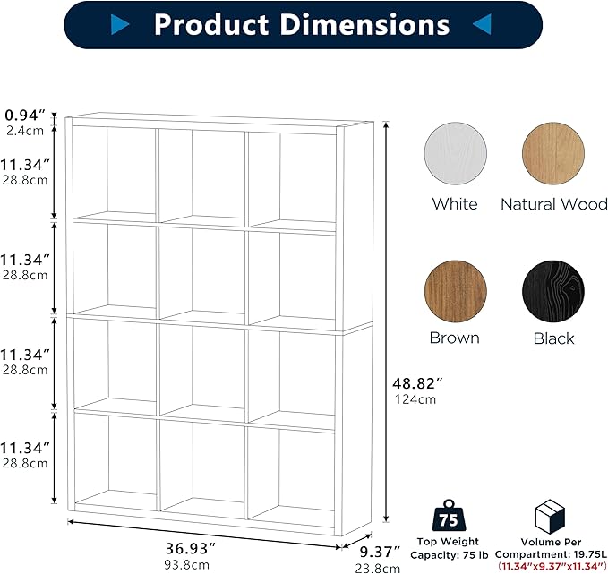 12-Cube Storage Organizer, Wooden Cube Shelf Bookcase with Reinforced Thick Shelves, Heavy-Duty 36.93" L x 9.37" W x 48.82" H, for Living Room Bedroom Home Office, Black