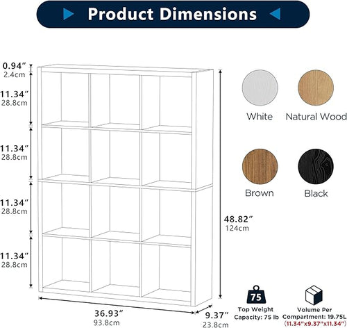 12-Cube Storage Organizer, Wooden Cube Shelf Bookcase with Reinforced Thick Shelves, Heavy-Duty 36.93" L x 9.37" W x 48.82" H, for Living Room Bedroom Home Office, Brown