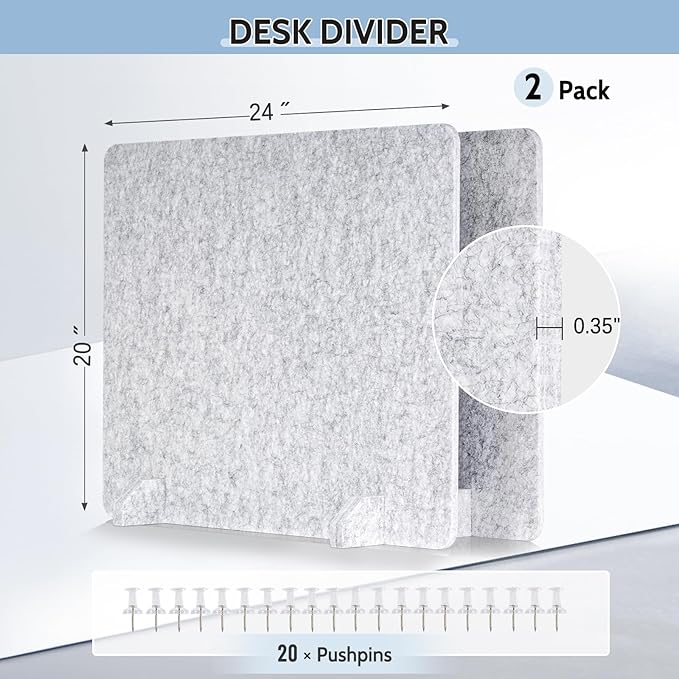 AMUSIGHT 2 Pack Acoustic Desk Dividers - 24" x 20" Freestanding Privacy Panels Set with Noise - Reducing Design Cubicle Sound Proof, Ideal for Office, Classroom, and Home (Silver Gray)