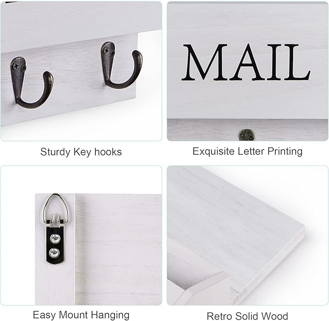 DLQuarts Mail Organizer with Key Holder for Wall Decorative Mail Sorter Wall Mounted, Wooden Mail Holder with 3 Hooks, White