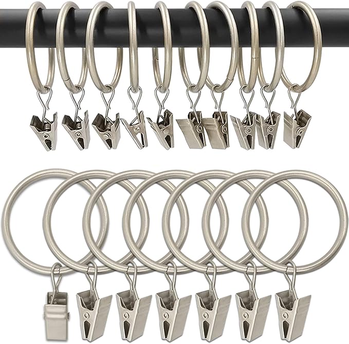 AMZSEVEN 100 Pack Metal Curtain Rings with Clips, Drapery Clips Hooks, Decorative Curtain Rod Clips 1.5 in Interior Diameter, Matte Silver