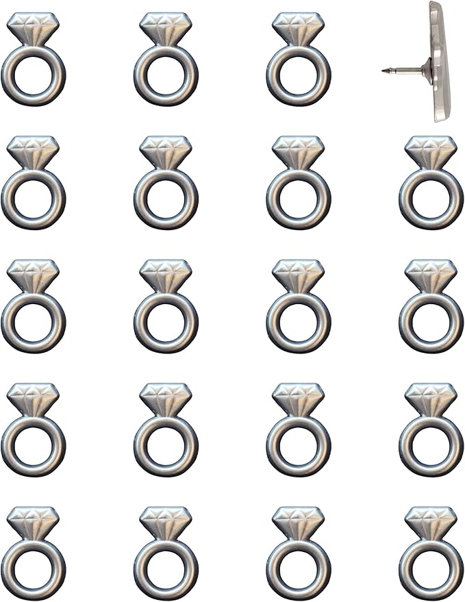 Engagement Ring Push Pins - Silver Diamond Ring Map Pins for Cork Boards, Maps, or Lapel Use - Designed in USA - Set of 20