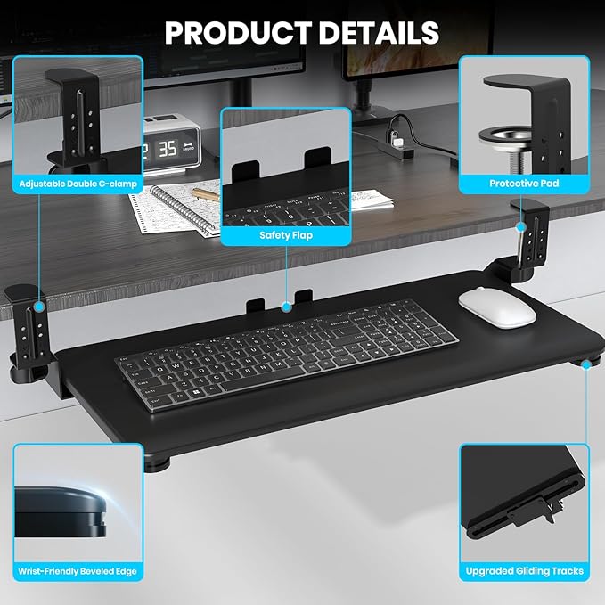 Keyboard Tray Under Desk, Pull Out Keyboard & Mouse Tray with Adjustable C-clamp, 25.6(31.5 Including Clamps) x 11.8 Inch Slide Out Computer Keyboard Drawer Mouse Tray for Typing, Black