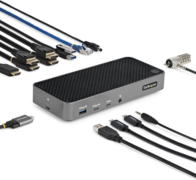 StarTech.com USB-C Triple Monitor Docking Station for MacBook Pro / Air M1 M2 M3 M4 & Windows, Universal 4K HDMI DP Dock, Thunderbolt Compatible, 100W Laptop Charging