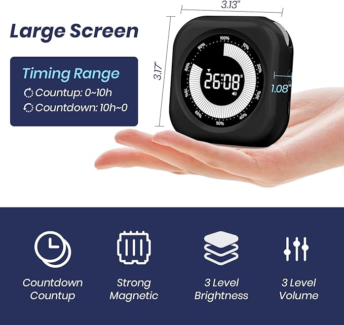 Visual Timer for Kids, 10 Hours Countdown/Up, with Rechargeable, 3 Volume Levels，3 Brightness Display, and Magnetic, Homeschool Study Tool, Large Digital Timers for Classroom, Kitchen