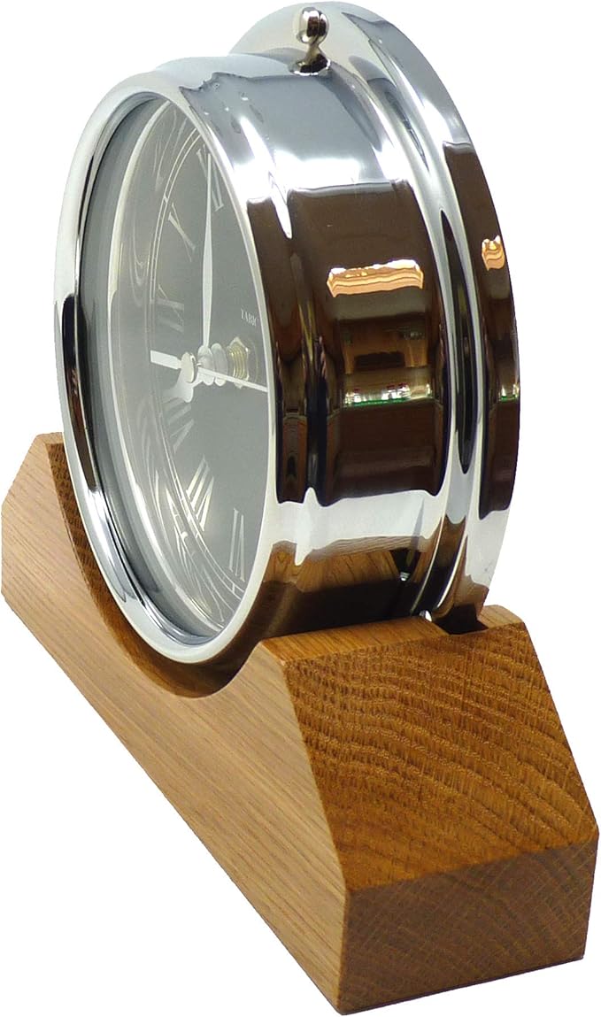 Handmade Prestige Roman Clock in Chrome Mounted on an English Oak Mantel/Display Mount, 21.5cm x 7.5cm