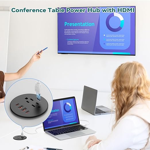 QBA 2 Pack Recessed Power Grommet with HDMI Port, 35W USB C Fast Charging, 3-inch Desk Power Outlet, 2 Outlets, 4 USB Ports, Flush-Mount Desk Outlet for Furniture Cabinet Home Office, ETL Listed