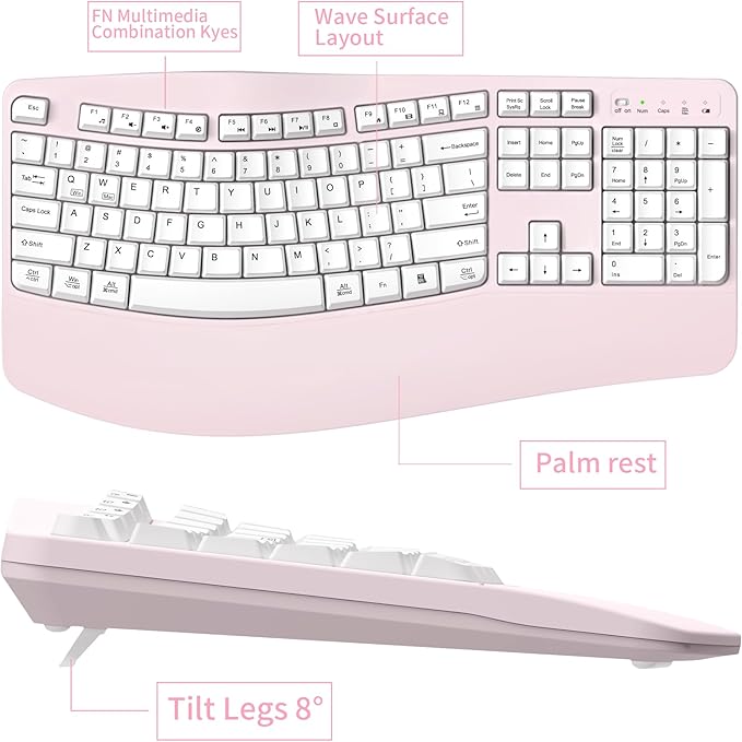 Ergonomic Wireless Keyboard and Mouse Combo, Wave Keys Keyboard with Wrist Rest for Natural Typing, 3 DPI Adjustable Ergonomic Silent Mouse for Computer/Laptop/Windows/Mac (Pink)