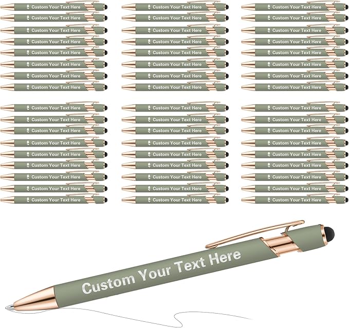 ENOMY 50 Pcs Bulk Personalized Custom Pens with Stylus Ballpoint Pens Customized with Text Logo Name Best Gift for College Business Promotion Wedding Birthday Christmas (MLDGreen)