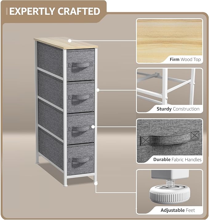 Sorbus Narrow Dresser with 4 Drawers - Vertical Slim Storage Chest of Drawers with Steel Frame, Wood Top & Easy Pull Fabric Bins for Small Spaces, Closets, Bedroom, Bathroom & Laundry (Beige)