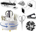Desk Organizers and Accessories Set with 360-Degree Rotating Pen Holder, Acrylic Stapler, Tape Holder, Staple Remover, Binder/Paper Clips Kit, Scissor and 1 Box of Staples
