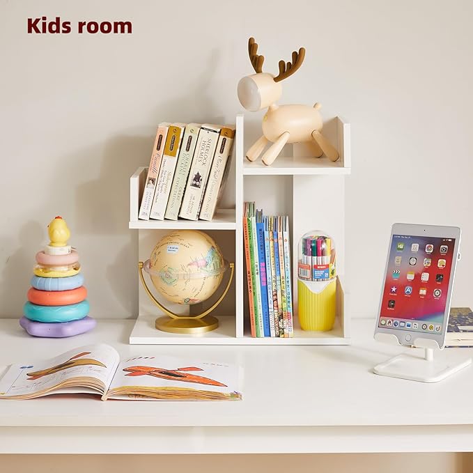 Small White Desk Organizer, 2 Tier Tree Cactus Bookshelf, Desktop Organizer Wood, Small Plant Shelf White YD-DSR002W