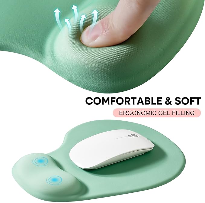 JIKIOU Mouse Pad, 2 Pack Ergonomic Mouse Pads with Comfortable Gel Wrist Rest Support and Smooth Cloth, Non-Slip PU Base for Easy Typing Pain Relief Durable and Easy to Clean Small Pastel Green