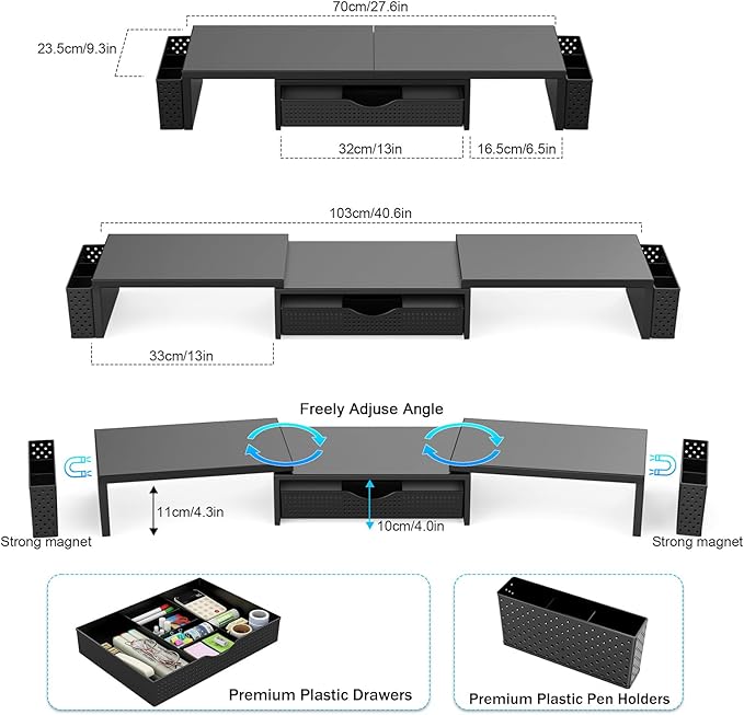 Spacrea Metal Desk Organizers and Accessories, Dual Monitor Stand Riser with Drawer and 2 Pen Holders, Desk Accessories & Workspace Desktop Organizers for Office Supplies (Black)