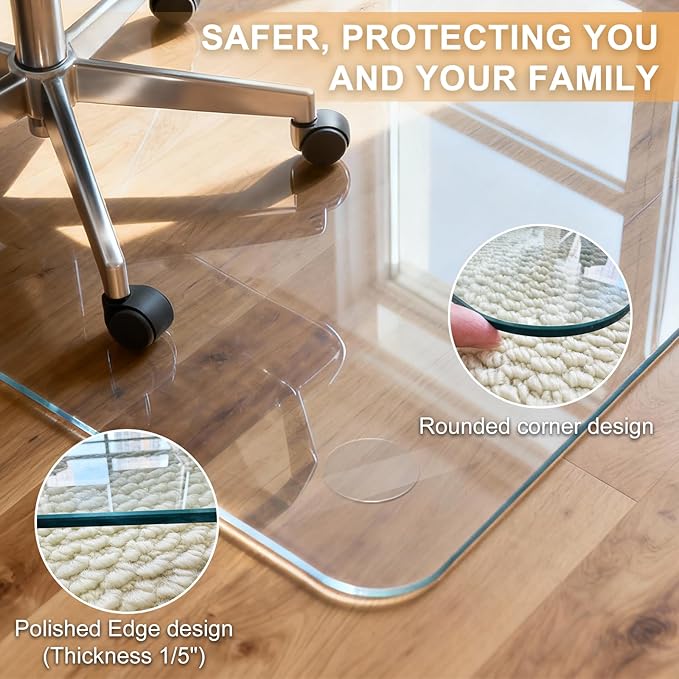Azadx Tempered Glass Chair Mat for Carpet 40" x 48" Heavy Duty Office Chair Mat for Carpets 1/5" Thick for Carpeted Floor/Hard Floor Easy Glide Carpet Protector with Round Corner and Polished Edge