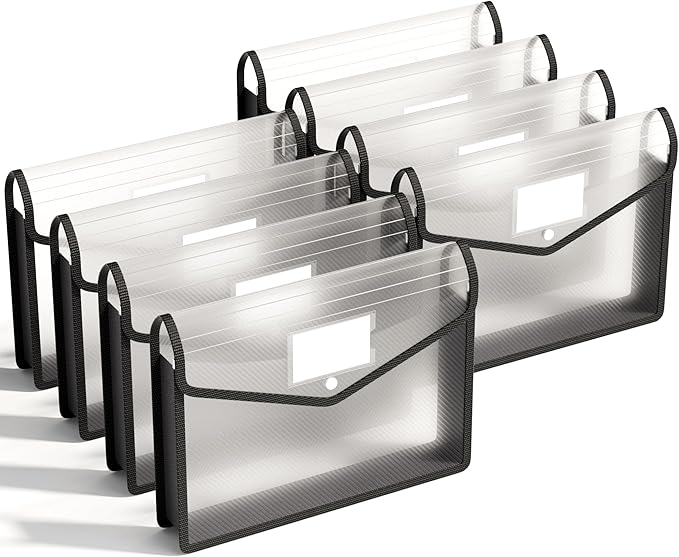 ABC life 8 Pack Plastic Expanding File Folder, Folders for Documents with Snap Closure, Black File Folder Organizer Holder, Transparent Accordion File Pouch,Large Capacity, Fit Letter/A4 Size - Black