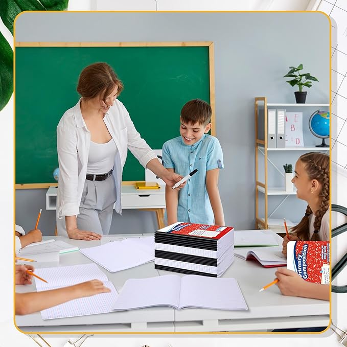 Watersay 30 Pack Primary Ruled Composition Notebook, Grade K-2 Journal 50 Sheets, 7-1/2" x 9-3/4" Primary Composition Book Writing Notebook for Kids Kindergarten Preschool 1st 2nd Grad (Red)