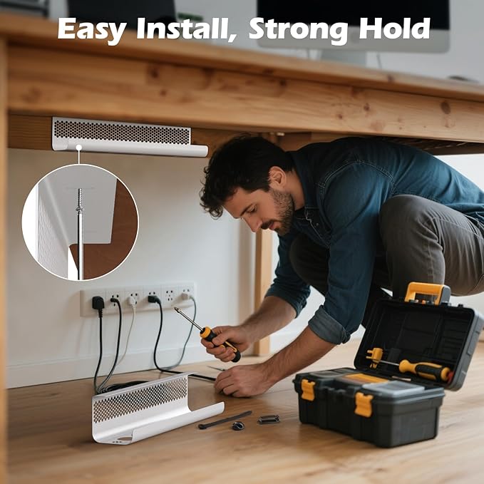 KHAMAL Cable Management Under Desk 52PCS - Cable Management Tray Kit Ventilated Hexagonal Design with Cable Clips, Wire Ties, Cord Holder & Screws for Office, Home - 4 White Sets