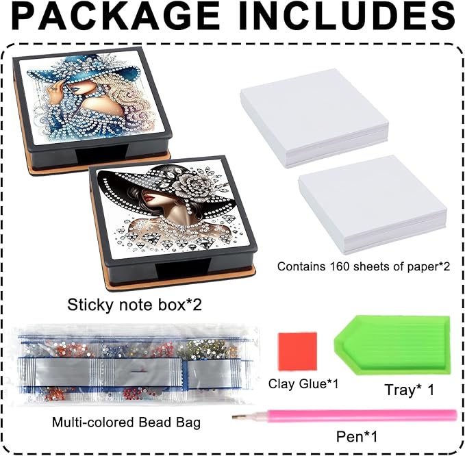 2 pcs Woman Diamond Painting Kit Note Box,Hat Memo Paper Storage Box Diamond Art,Sticky Note Holder Diamond Art,Diamond Painting Memo Pad For Office Desk. (Woman)