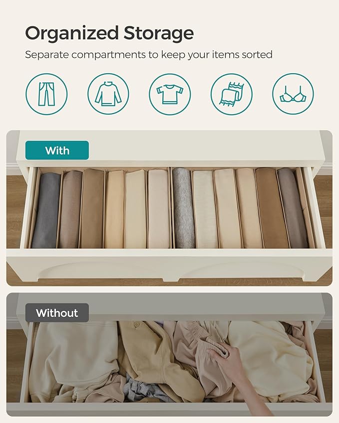 SONGMICS Set of 4 Large Size Wardrobe Clothes Organizers, 6-Compartment Foldable Drawer Organizers with Handles, 16.5 x 11.8 x 6.7 Inches, for Pants, Sweaters, Jeans, Sand Beige URUS009K01