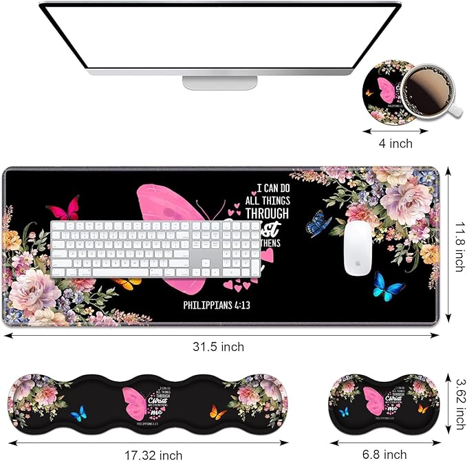 Ergonomic Keyboard Wrist Rest & Mouse Pad Wrist Rest Set, 31.5"x 11.8" Large XXL Gaming Desk Pad Memory Foam Non-Slip Desk Mat for Office & Home, Floral Butterfly Quote Bible Verse Philippians 4-13