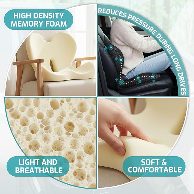 Trucker Seat Cushion, Car Seat Cushions with Lumbar Support Pillow, Ergonomic L-Shaped One Piece Memory Foam Pad for Long Driving Back Pain Sciatica Relief, Drivers Office Workers (Black+Mesh Cloth)