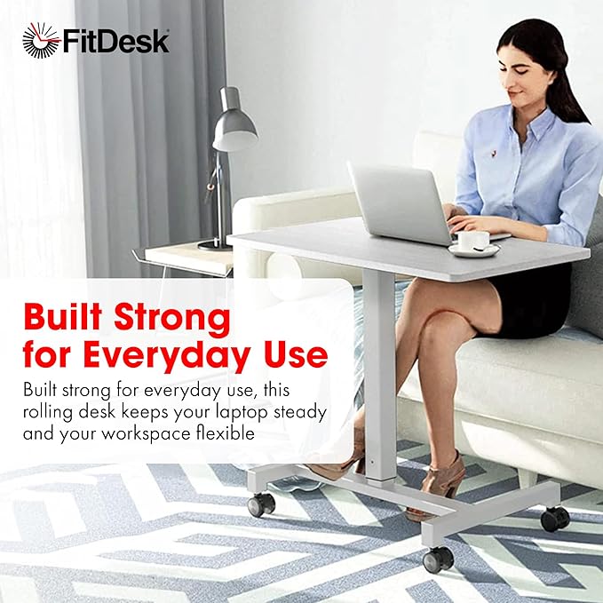 FitDesk Portable Laptop Desk, Rolling Standing Workstation Adjustable Height, Compact Standing Table with Large Surface, Small Stand Desk for Home Office, 30 lb Weight Limit – White, 27" Tabletop