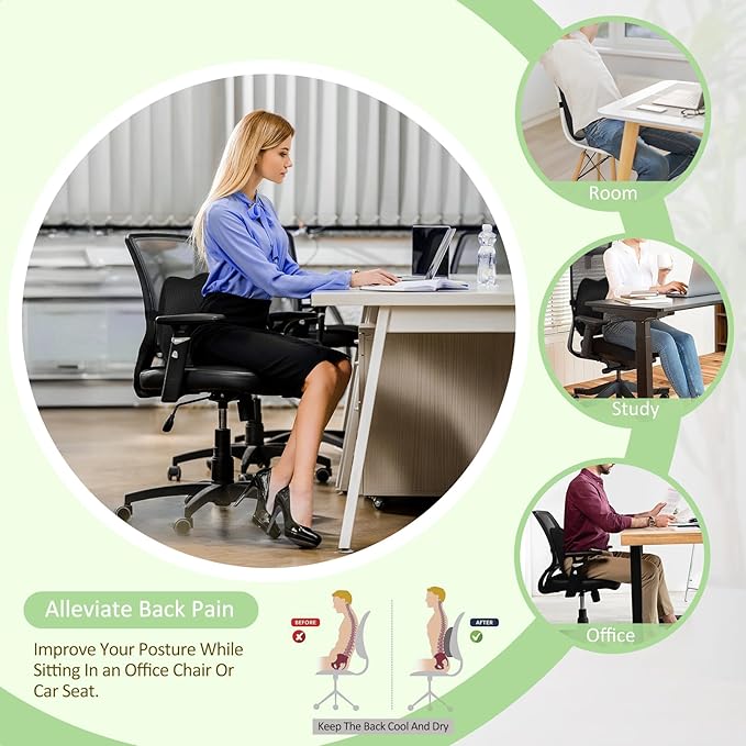 Lumbar Support Pillow Office Chair Car Back Pillow Ergonomic Lower Back Pain Relief Breathable Air Fiber Cushion with Hours Sitting on Worker Driver & Handicapped, Adjustable Strap (Black)