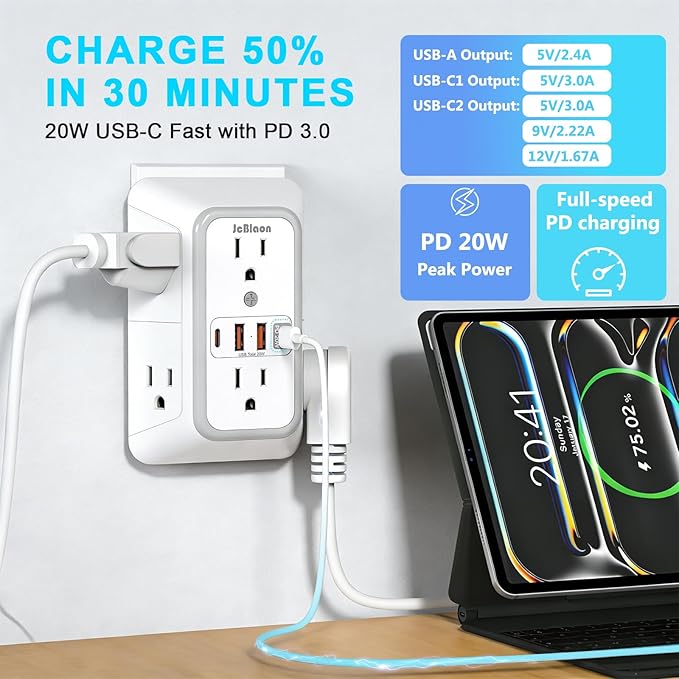 JcBlaon Multi Plug Outlet Surge Protector, Wall Charger with 6 Outlet Splitter with 4 USB Ports(PD 20W), 3-Sided 1050J Surge Protector Power Strip for Home Office Dorm Room Essentials