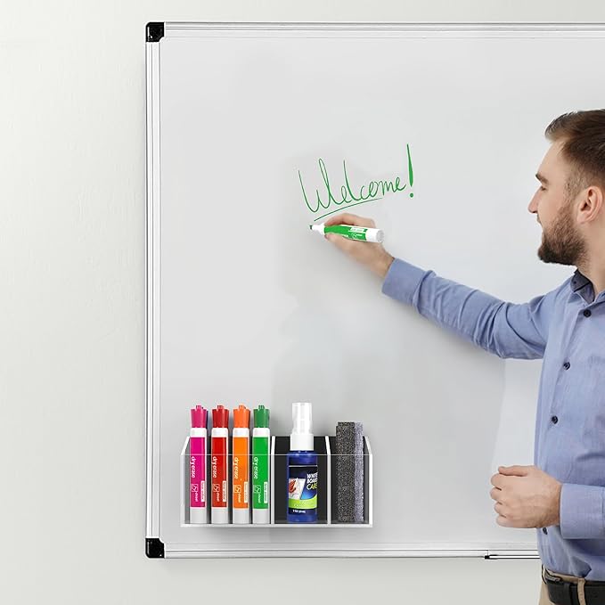 HBlife Magnetic Dry Erase Marker Holder for Whiteboard with 3 Compartments, Acrylic Wall Mount Magnet Pen Pencil Holder for Refrigerator, Locker Organizer Accessories for Classroom Office, Clear