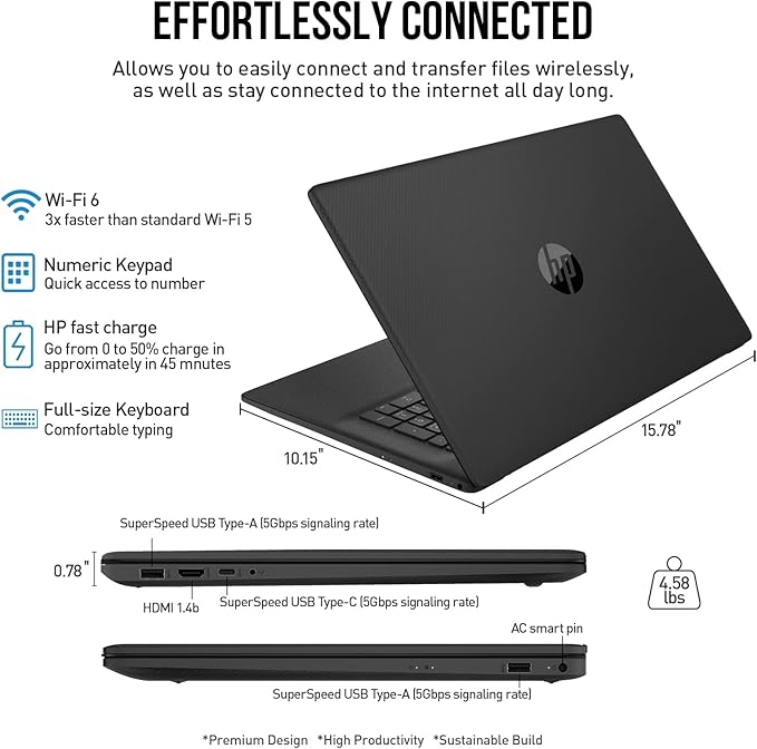 HP 17 Inch Laptop Computer, 17.3" FHD+ IPS Business Laptop, Intel 10-Core i5 Processor, 64GB RAM 2TB SSD, Windows 11 Pro, Backlit Keyboard, 10-Key Numeric Keypad, HDMI, USB-C, Wi-Fi, Silver