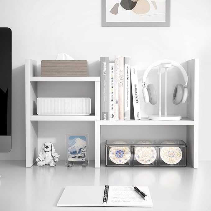 Jerry & Maggie - Desktop Organizer Office Storage Rack Adjustable Wood Display Shelf | Birthday Gifts - Toy - Home Decor | - Free Style Rotation Display - True Natural Stand Shelf (White)